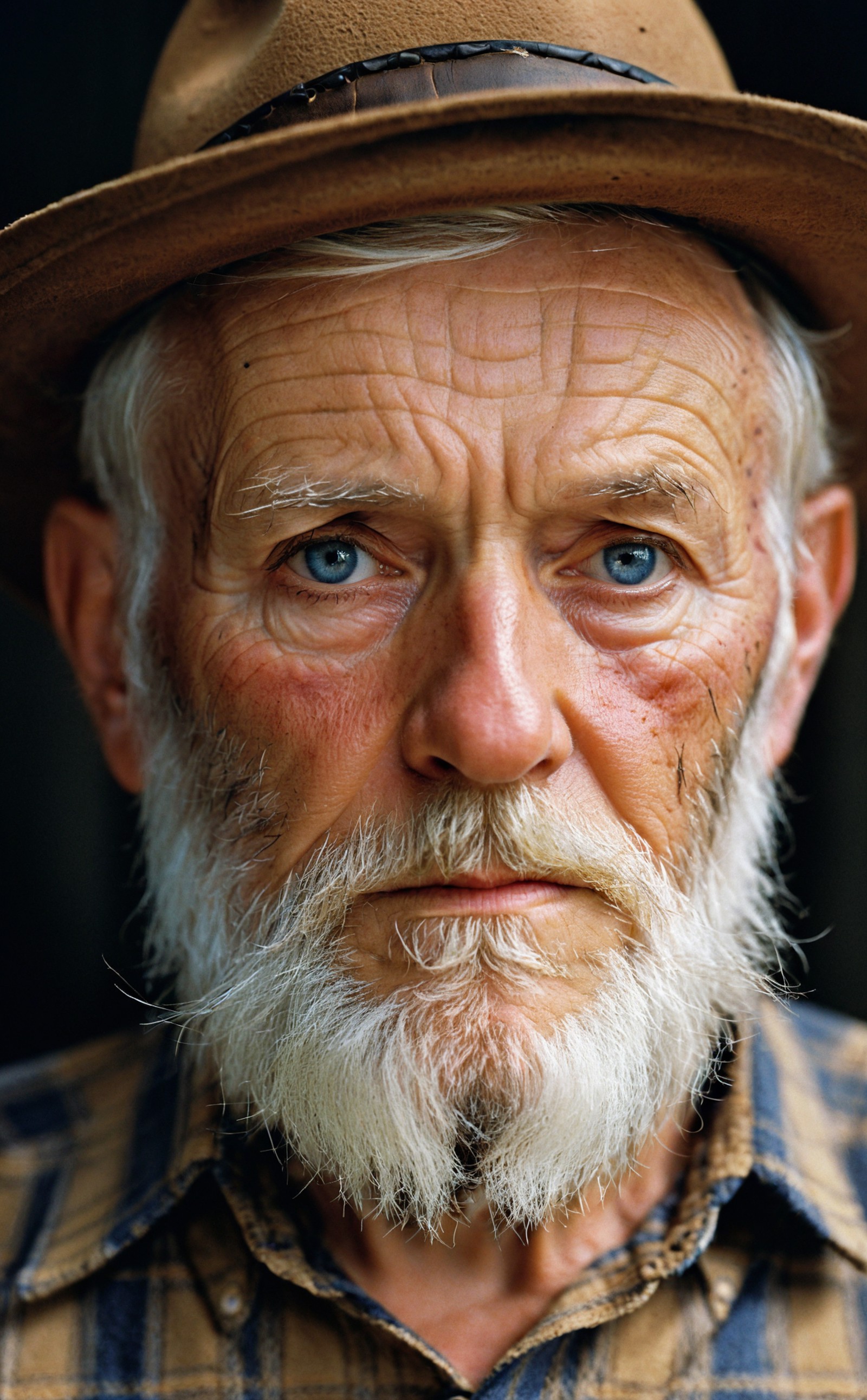 film photography aesthetic,Intense close-up portrait, elderly man with piercing blue eyes, weathered skin, pronounced wrin...